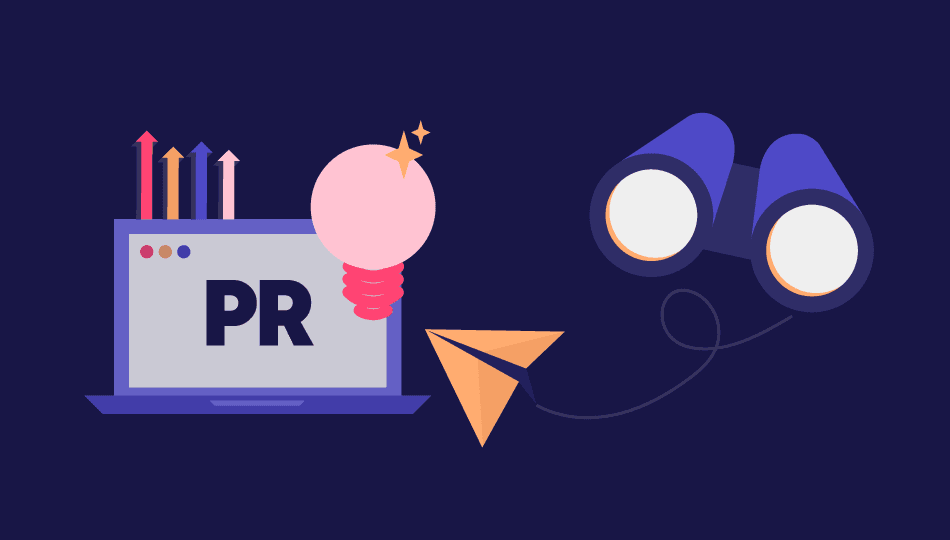 Illustration av PR, pappersflygplan och kikare.