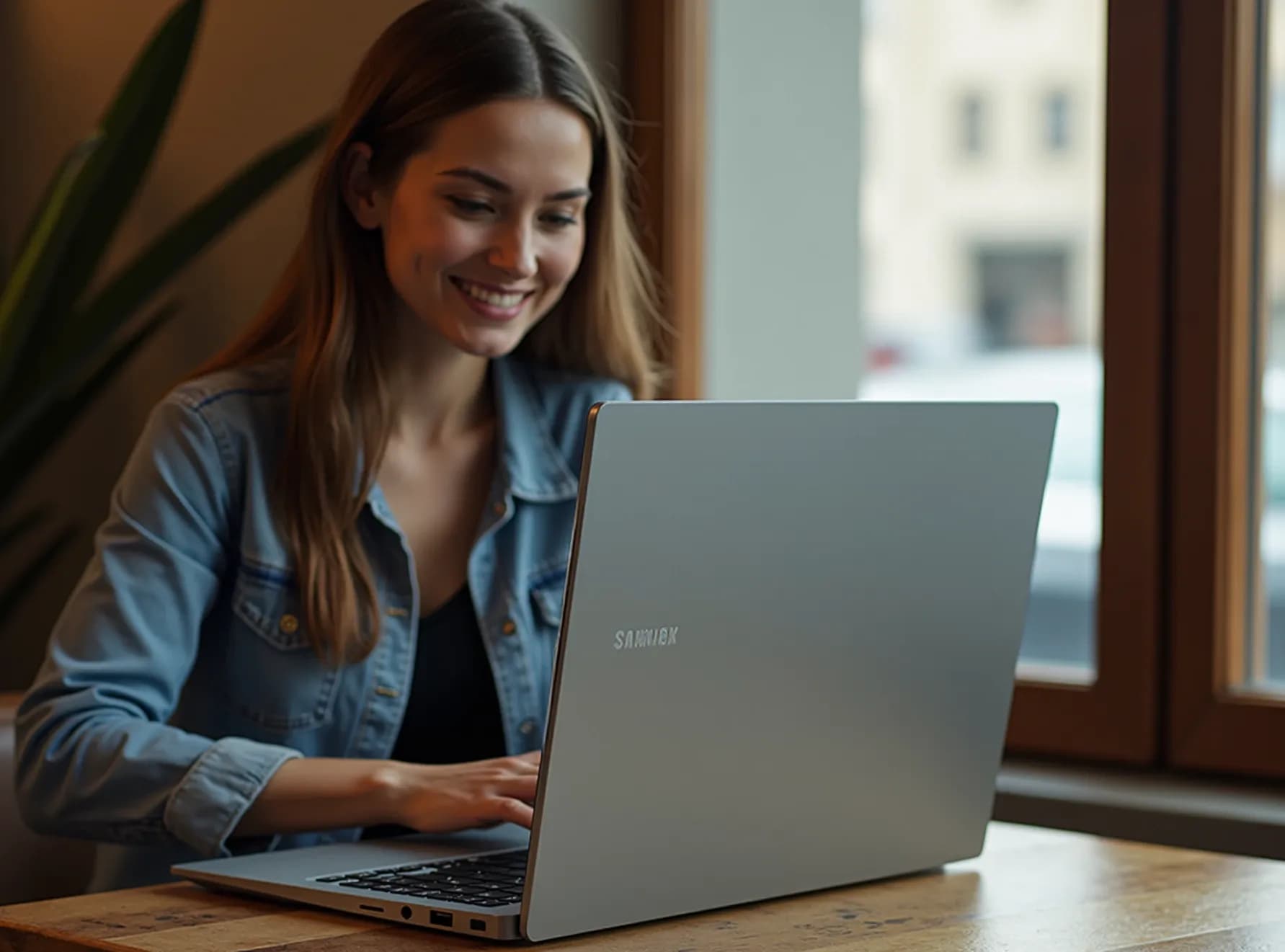 Young woman working on a laptop in a café