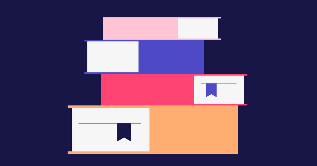 Illustration of a pile of books on a dark background.