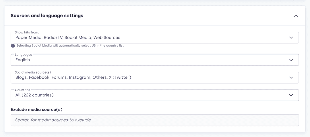 Screenshot from Mynewsdesks media monitoring tool, showing how to choose sources and channels.