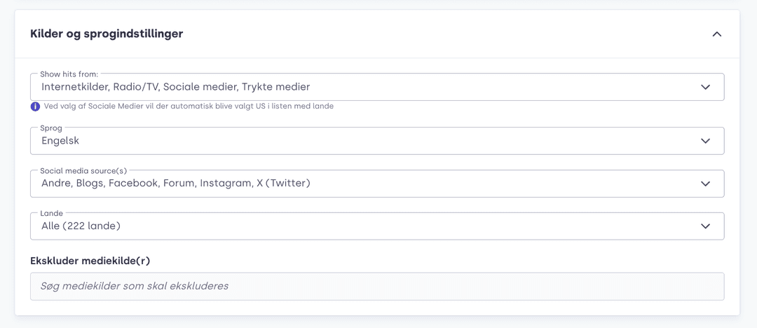 Screenshot of inside Mynewsdesks digital Ai-powered tool for media monitoring: Choose media channels and sources.