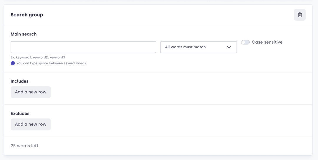 Screenshot from Mynewsdesks media monitoring tool, showing how to define your keywords.
