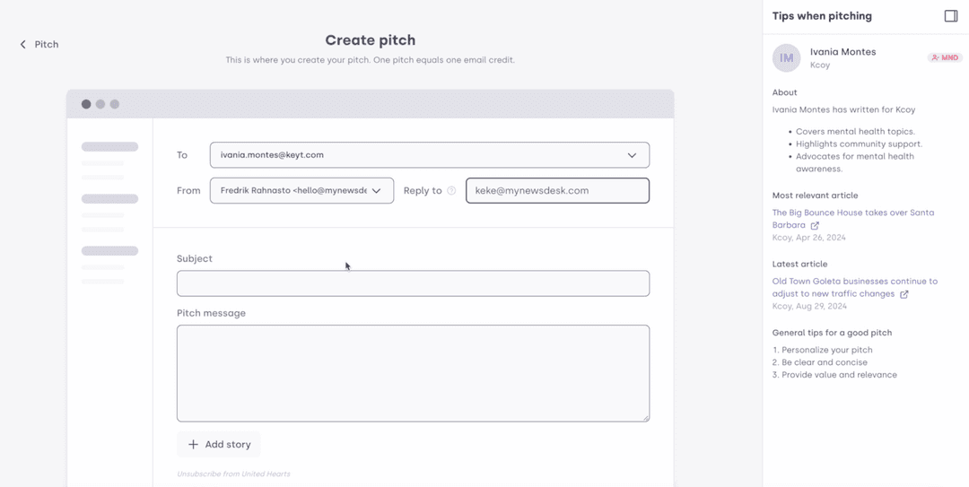 Screenshot from Mynewsdesks PR software for creating a pitch to a journalist.