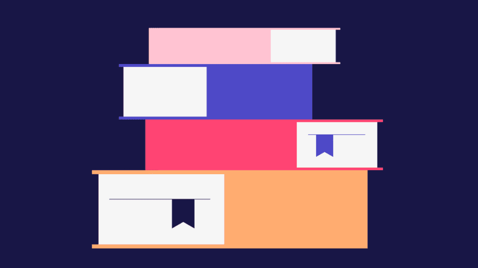 Illustration of a pile of books on a dark background.