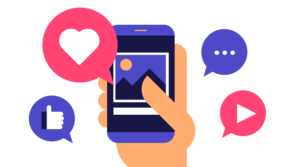 Illustration of hand holding smartphone and symbols of likes and hearts.
