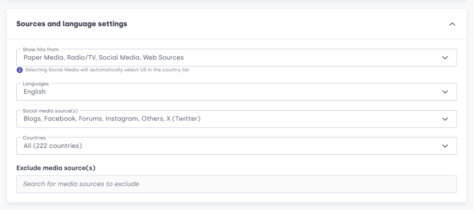 Screenshot from Mynewsdesks media monitoring tool, showing how to choose sources and channels.