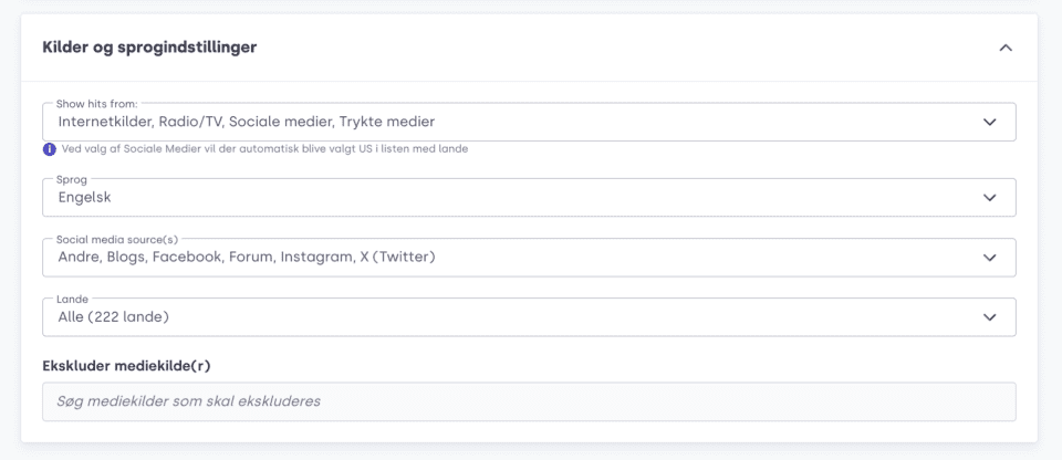 Screenshot of inside Mynewsdesks digital Ai-powered tool for media monitoring: Choose media channels and sources.