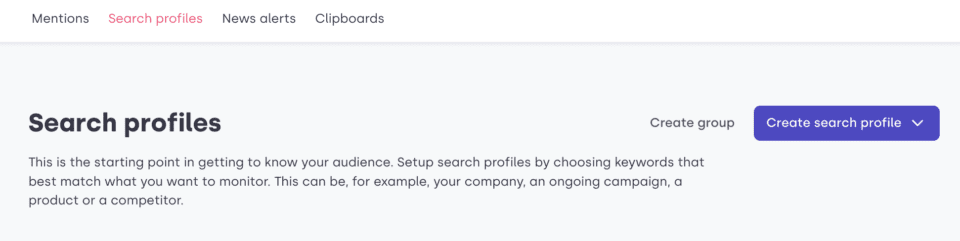Screenshot from Mynewsdesks media monitoring tool, showing how to set up a search profile. 
